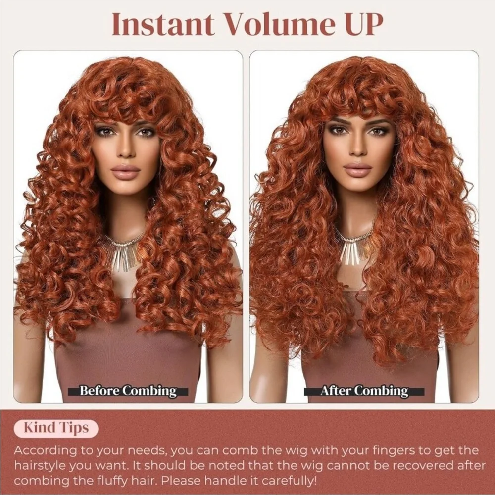 Copper Red Curly Wig Long Curly Wig with Bangs for Women NEW
